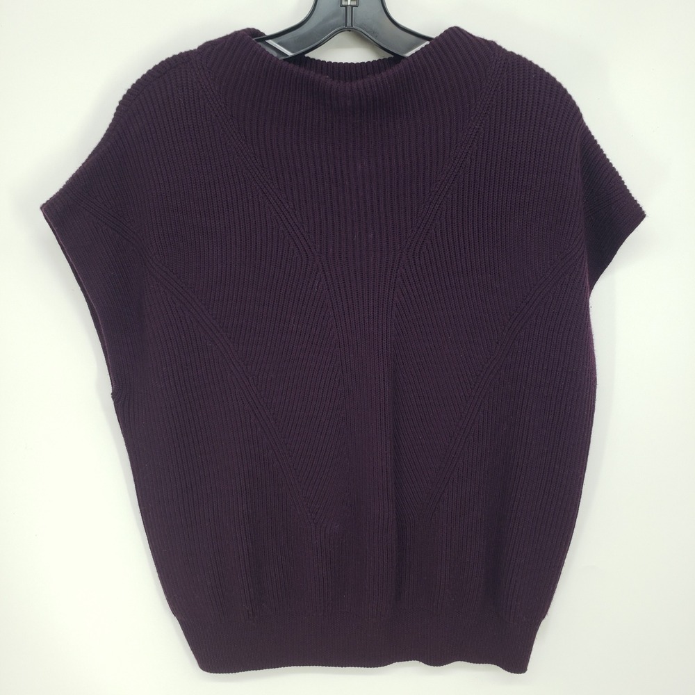 R LABEL Ribbed 100% Wool Sweater Vest Women Size M Purple Sleeveless Mock Neck